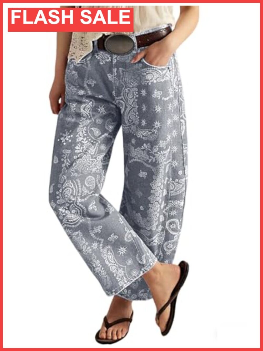 Wide Leg Barrel Jeans Floral Print Denim Ankle Pants Mid Rise Patchwork